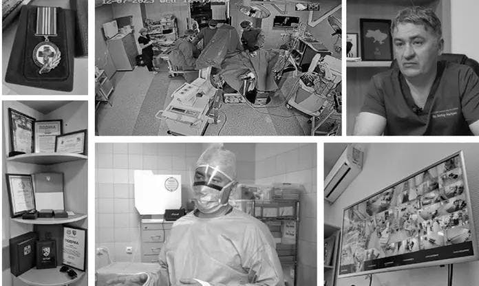 Black and white collage displaying medical scenes, including a busy hospital ward, a surgeon in scrubs, and various awards and recognitions in a medical professional's career.