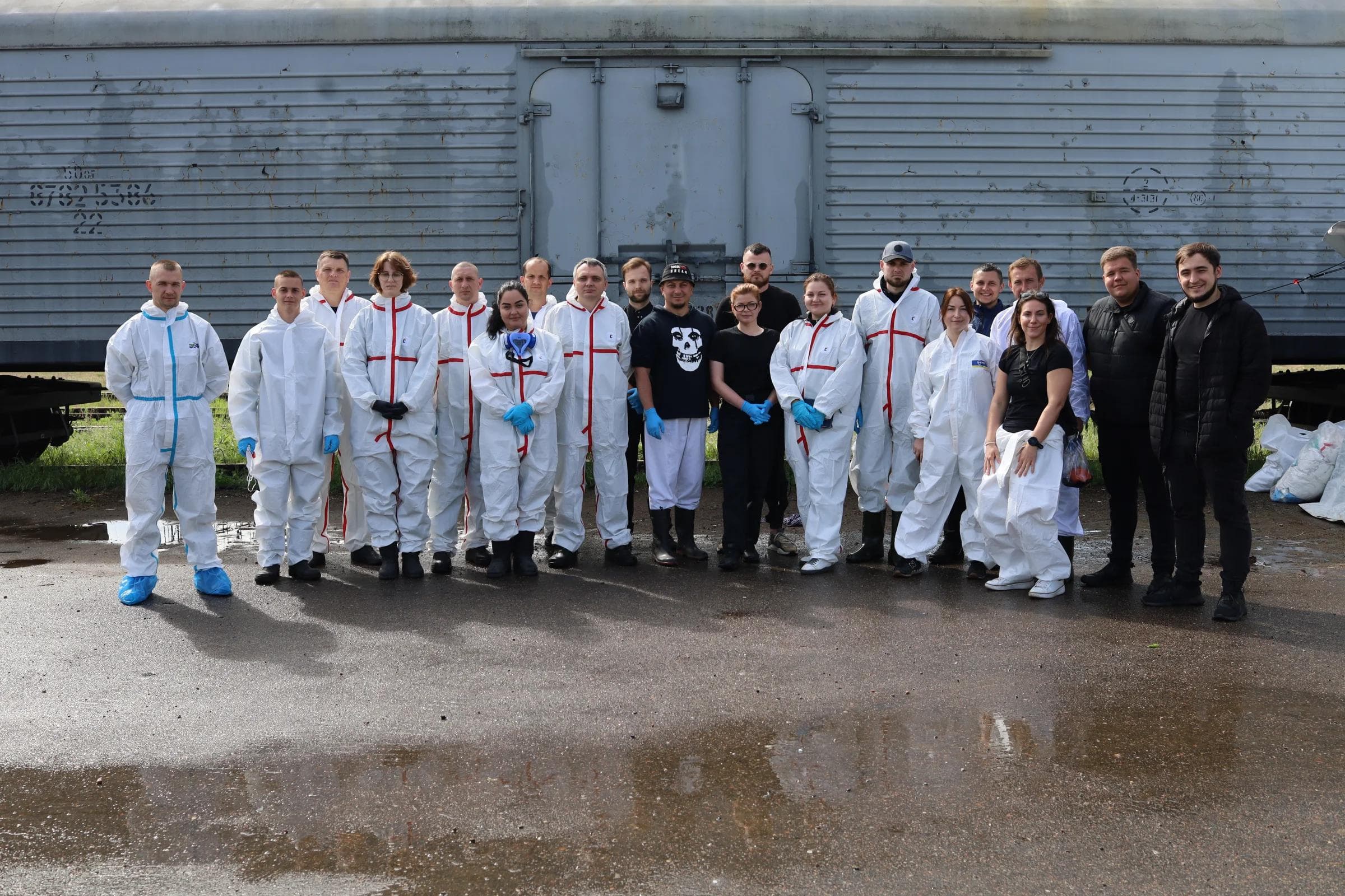 Forensics team in protective suits in Ukraine