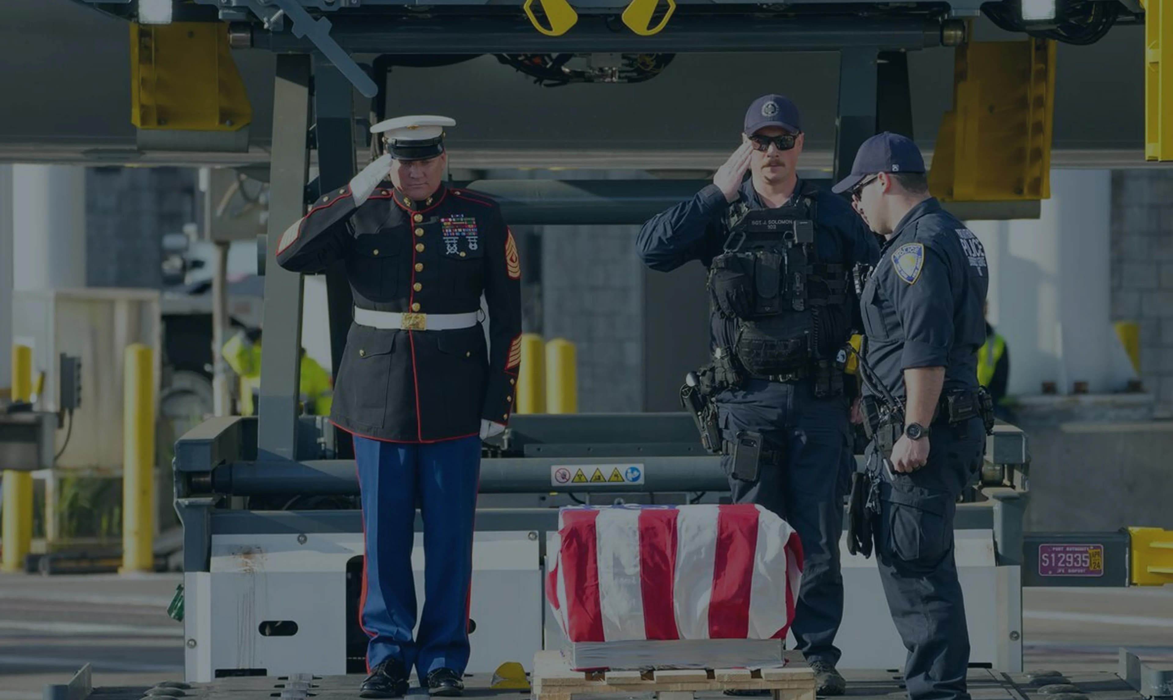 Honor guard salute at flag-draped transfer case